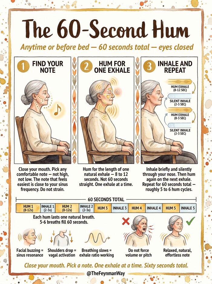 Sample protocol page from The Complete Body Manual — The 60-Second Hum protocol showing step-by-step instructions with watercolor illustrations